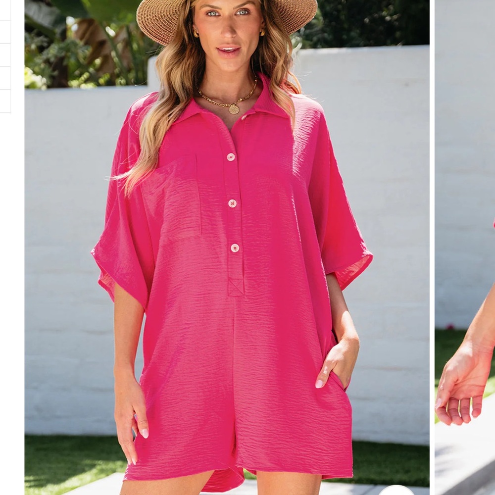 Half Button Collared Loose Romper Large - image 1